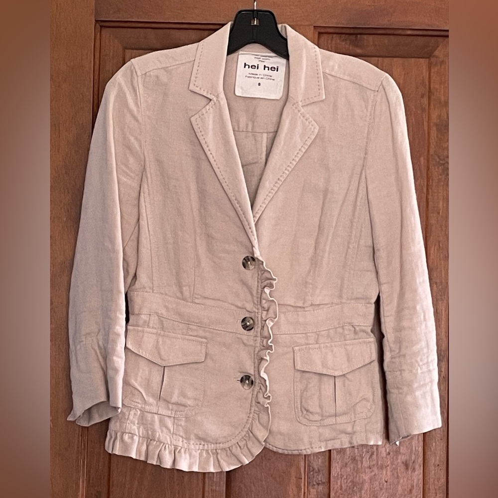 Anthropologie hei hei Asymmetrical 3/4 Sleeve Linen Jacket with Ruffle